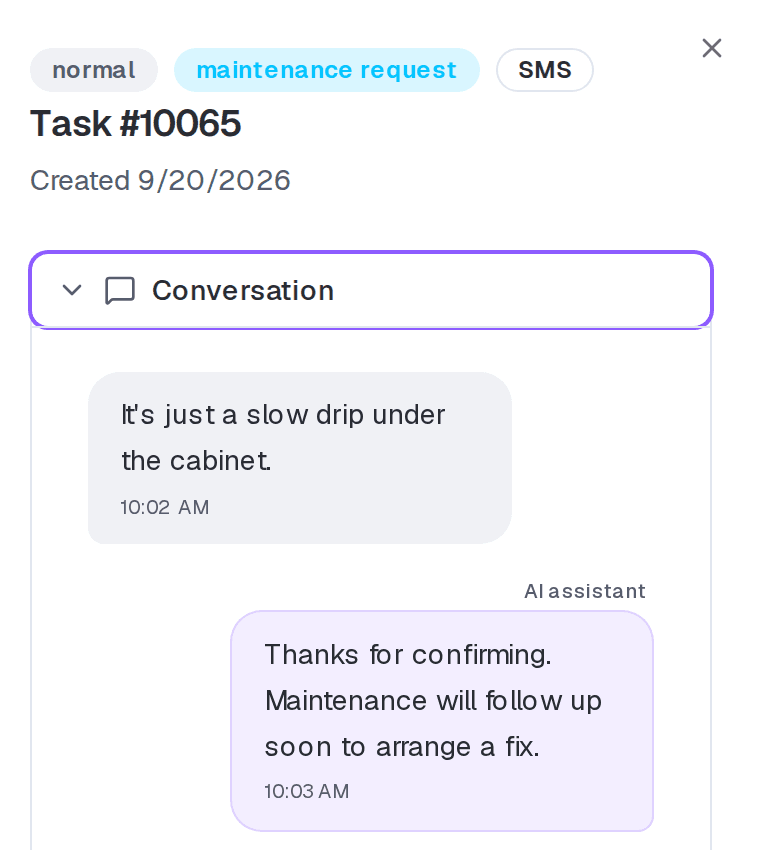 Serlo task #10065 with its SMS conversation open. The resident writes: It's just a slow drip under the cabinet. Serlo's AI assistant replies: Thanks for confirming. Maintenance will follow up soon to arrange a fix.